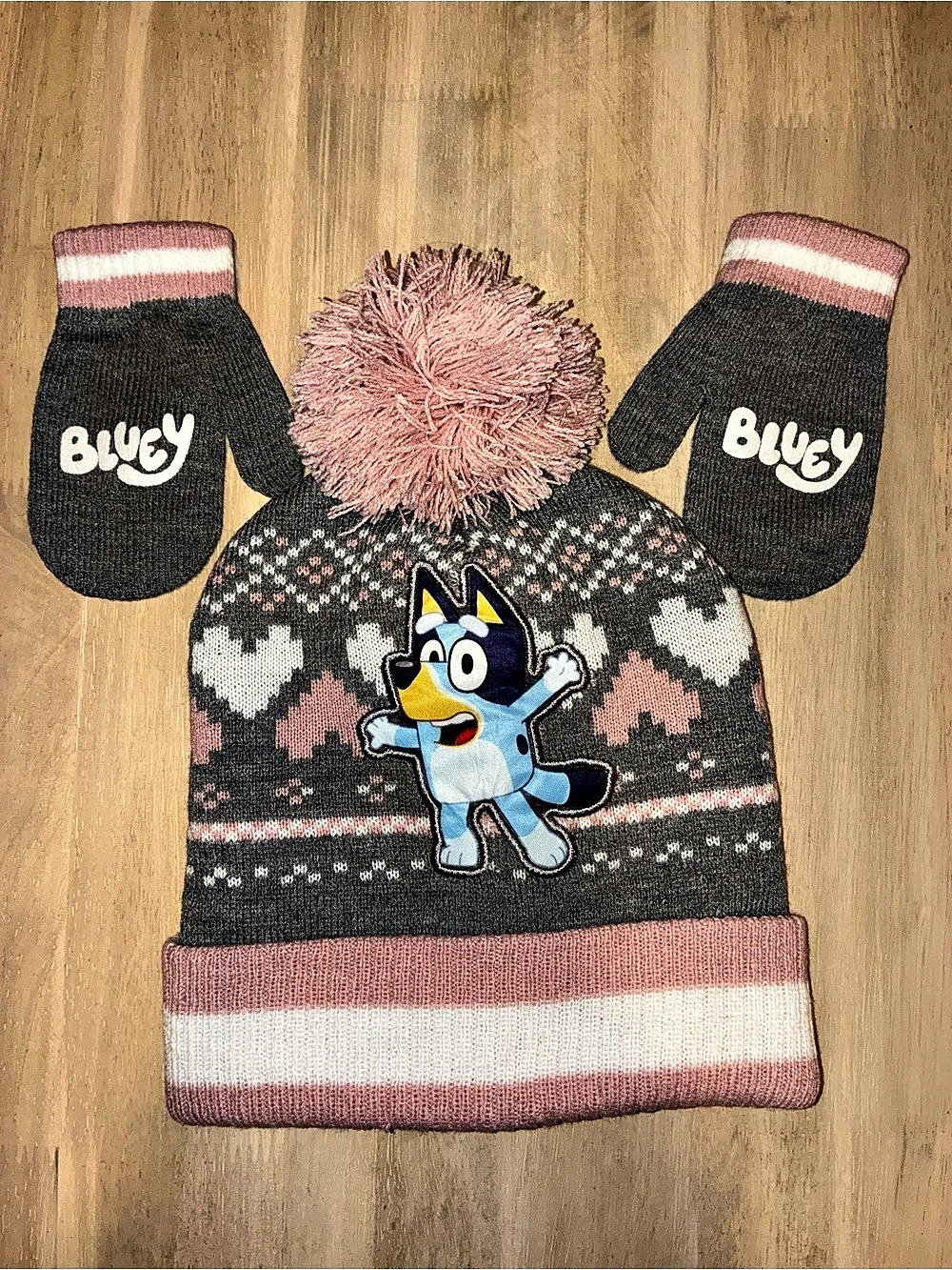Bluey winter hat and mittens set & Mittens Pink & Gray